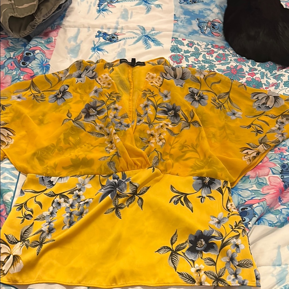 White House Black Market Yellow Floral Wrap Blouse